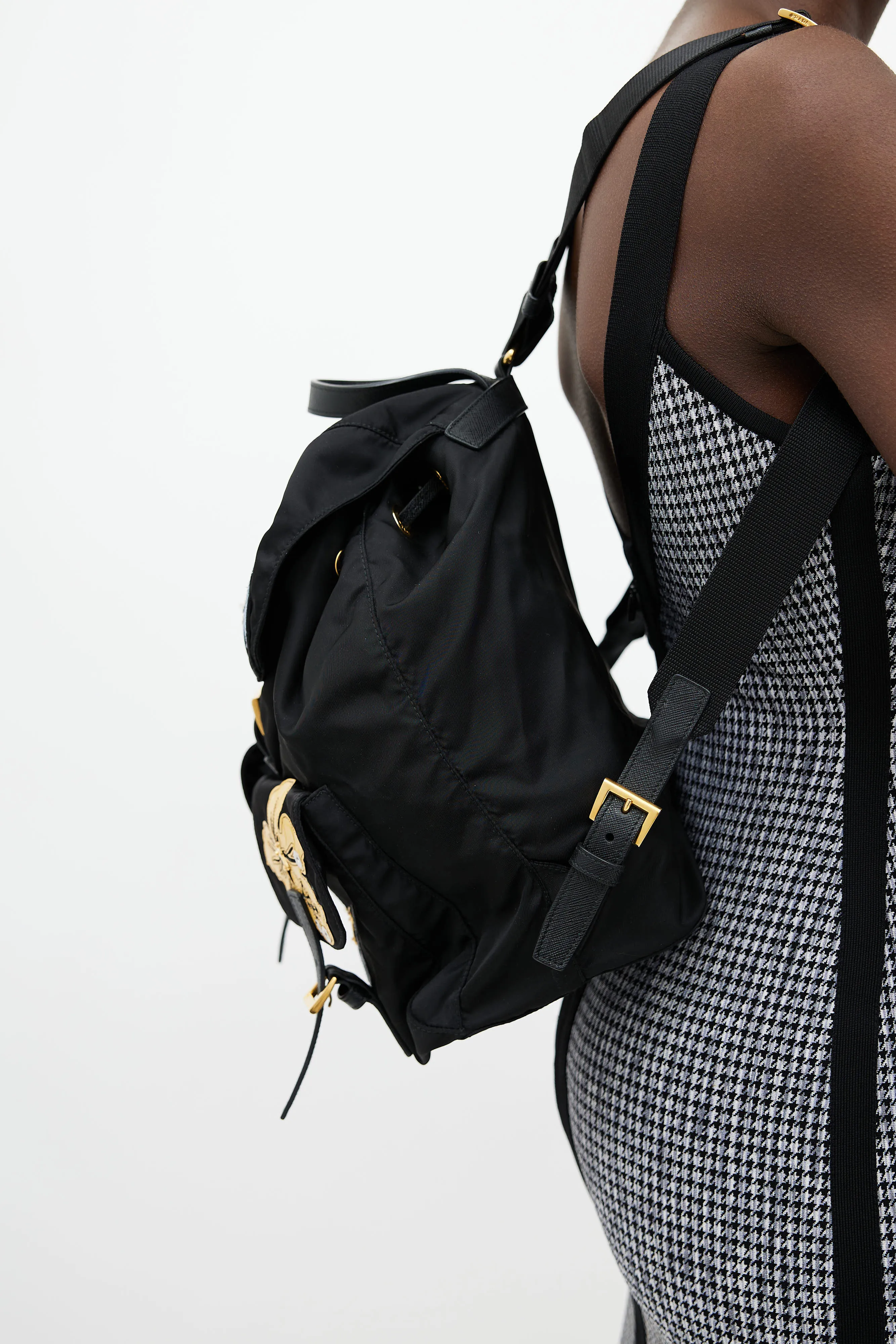 Black & Multi Floral Nylon Backpack