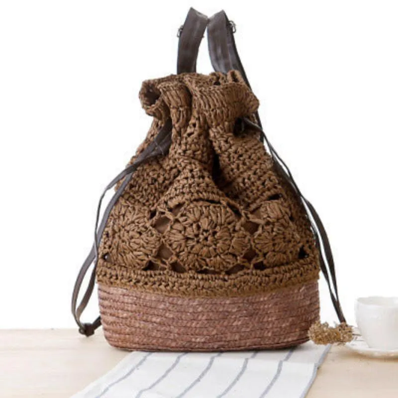 College Style Handmade Crocheted Backpack, Straw Woven Bag, Woven Bag, Leisure Female Bag
