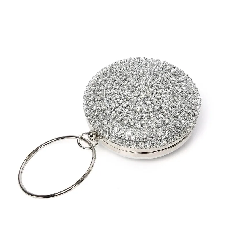 Gold Silver Polyester Metal Solid Color Rhinestone Round Evening Bags