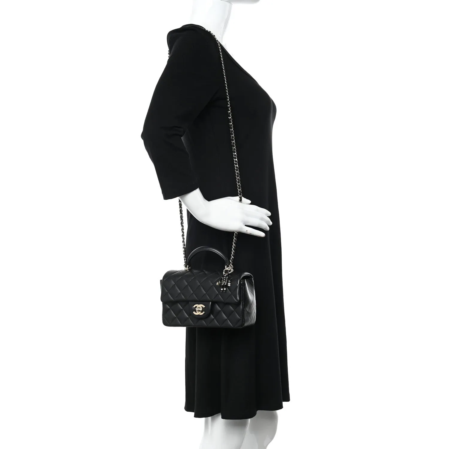 Lambskin Quilted Mini Lion Charm Top Handle Rectangular Flap Black