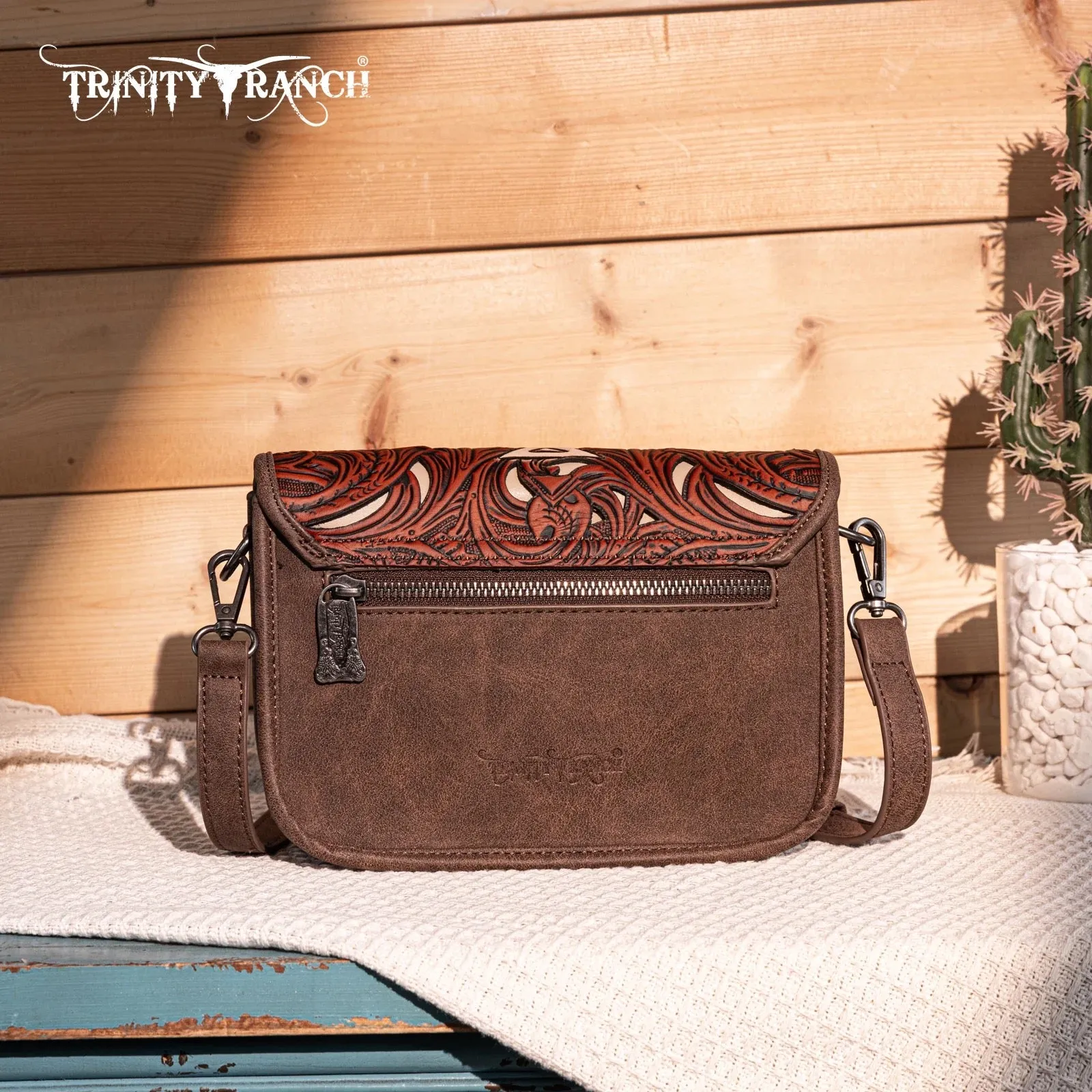 Trinity Ranch Genuine Leather Floral Tooled Crossbody Bag