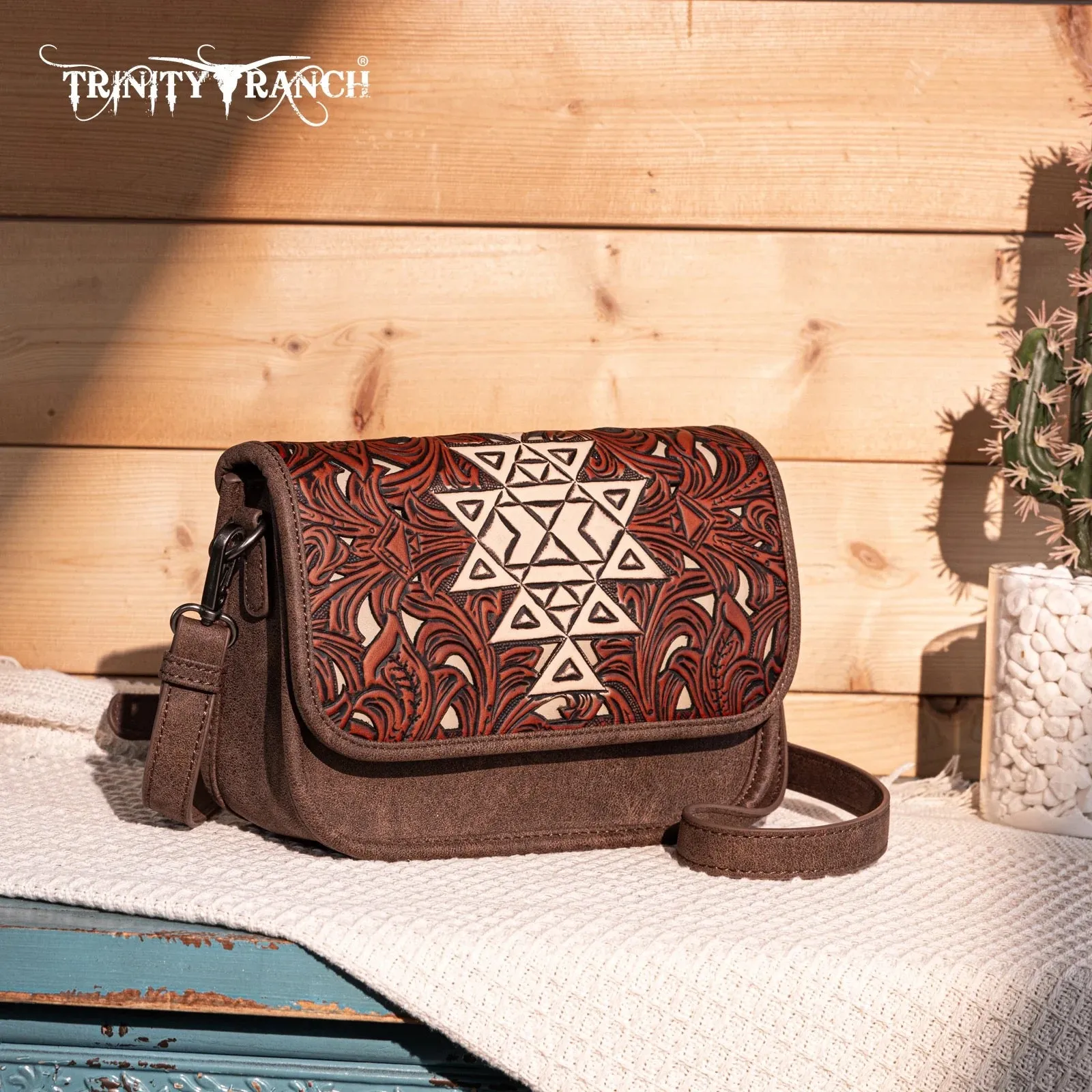 Trinity Ranch Genuine Leather Floral Tooled Crossbody Bag