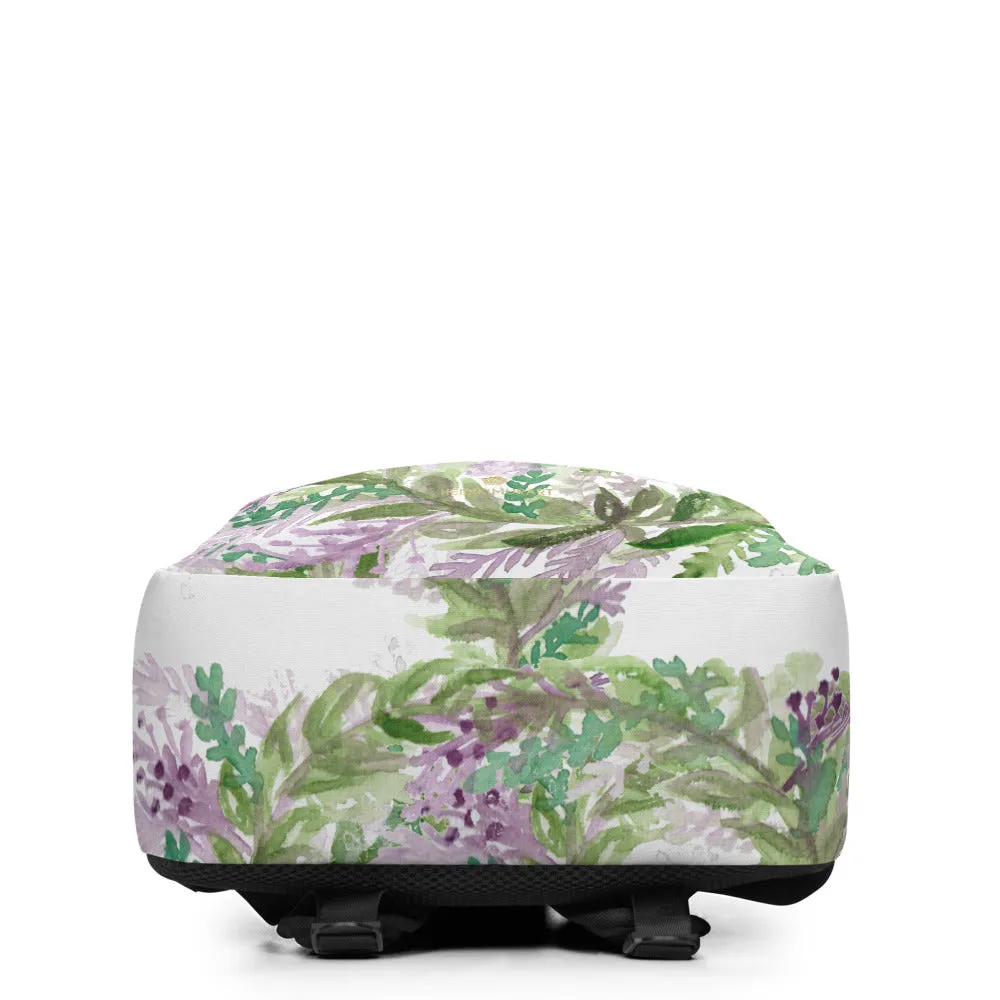 White Lavender Backpack, Floral Print Designer Laptop Minimalist Backpack- Made in EU